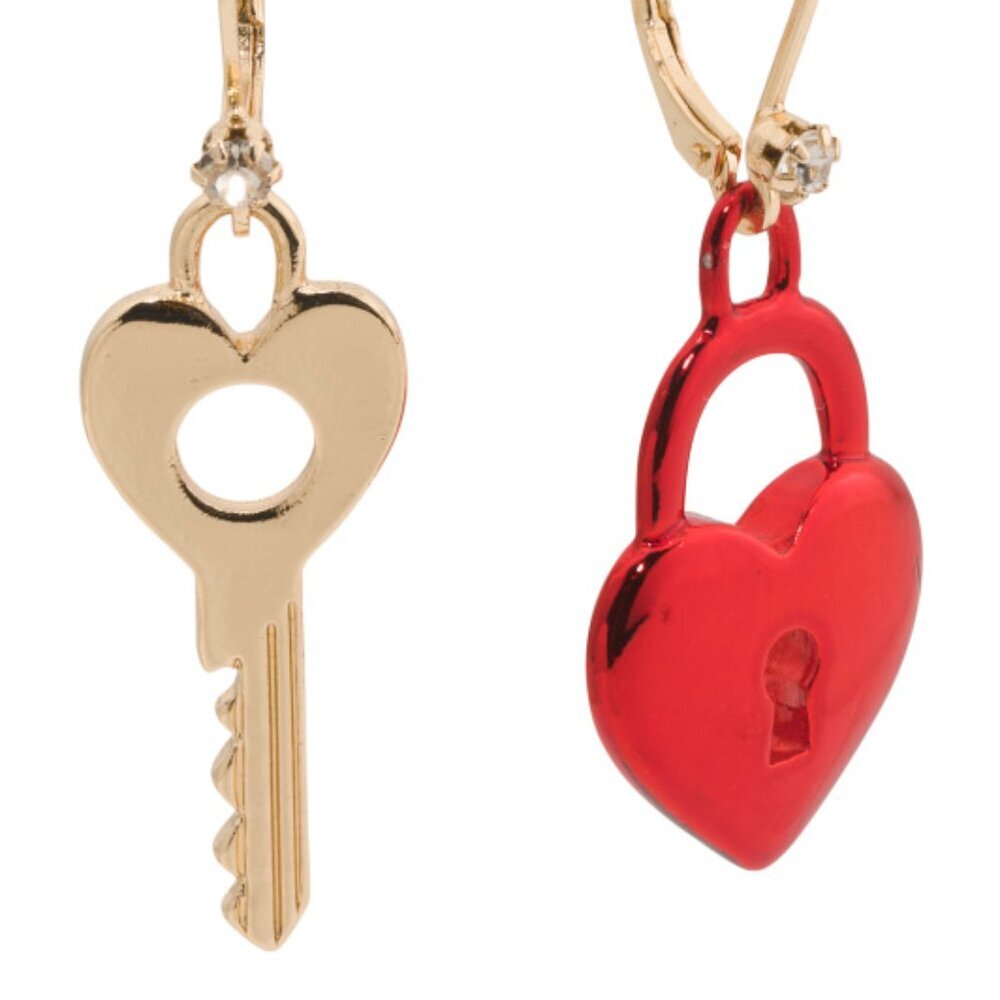 NWT BETSEY JOHNSON Red Heart Lock And Key Mismatched Valentine's Love Earrings